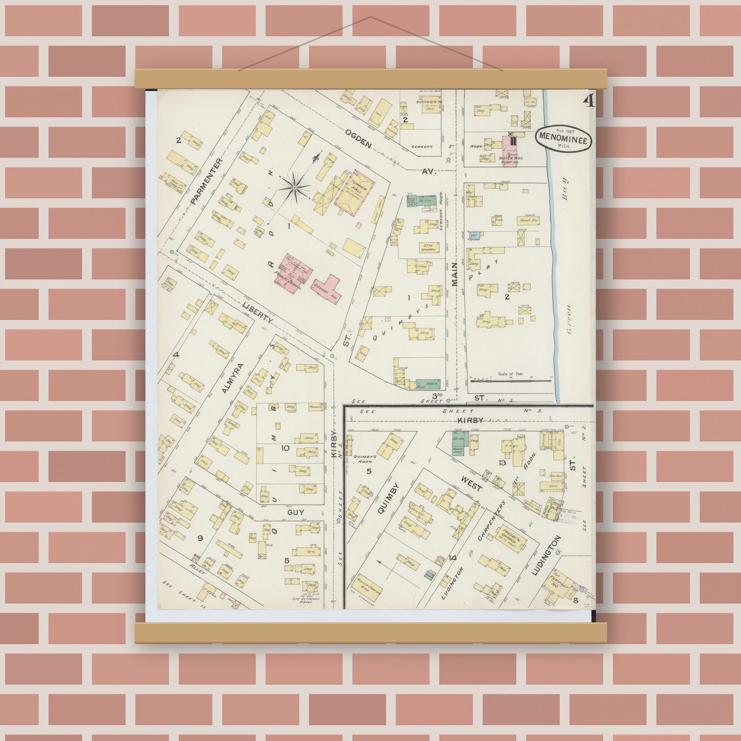 Old map wall art mockup — magnetic wood frame on brick wall — Sanborn Fire Insurance Map from Menominee, Menominee County, Michigan (1887), Sheet #0004