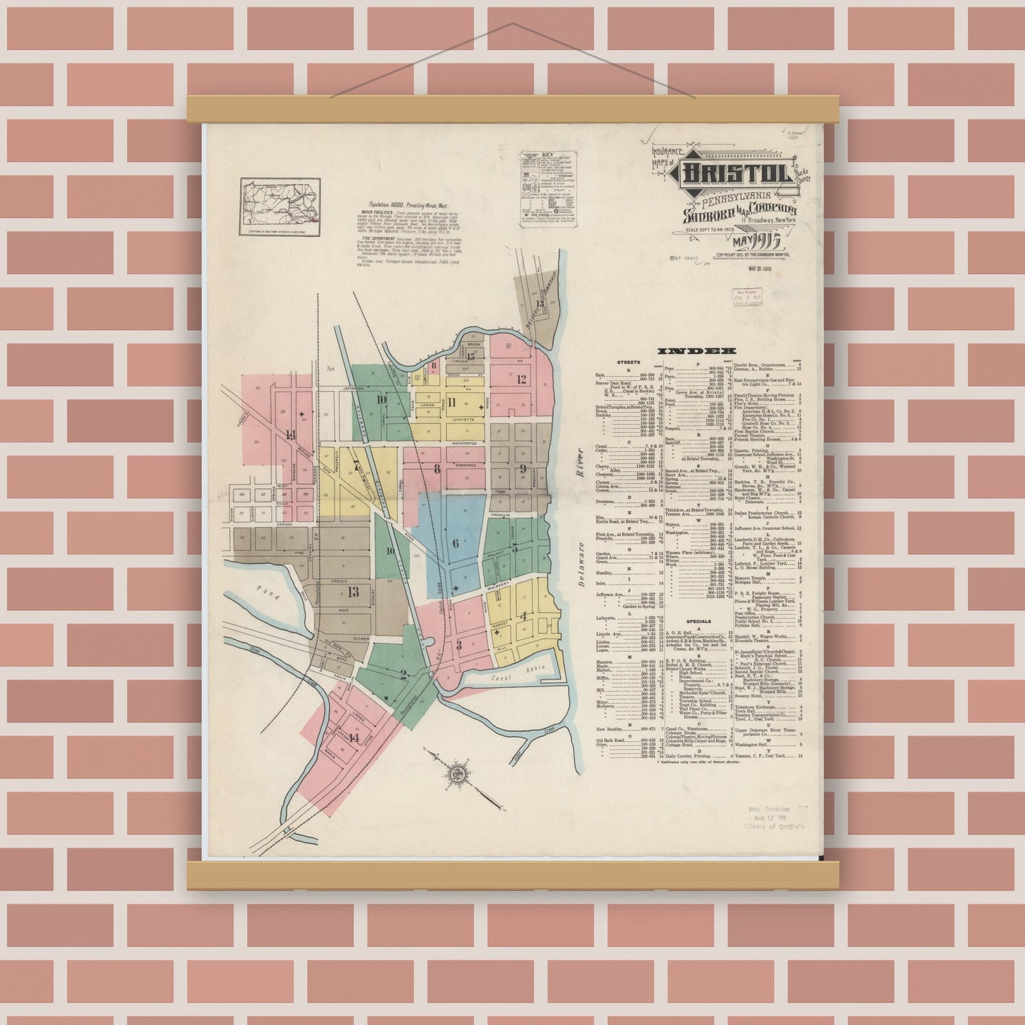 Old map wall art mockup — magnetic wood frame on brick wall — Sanborn Fire Insurance Map from Bristol, Bucks County, Pennsylvania (1915), Sheet #0001