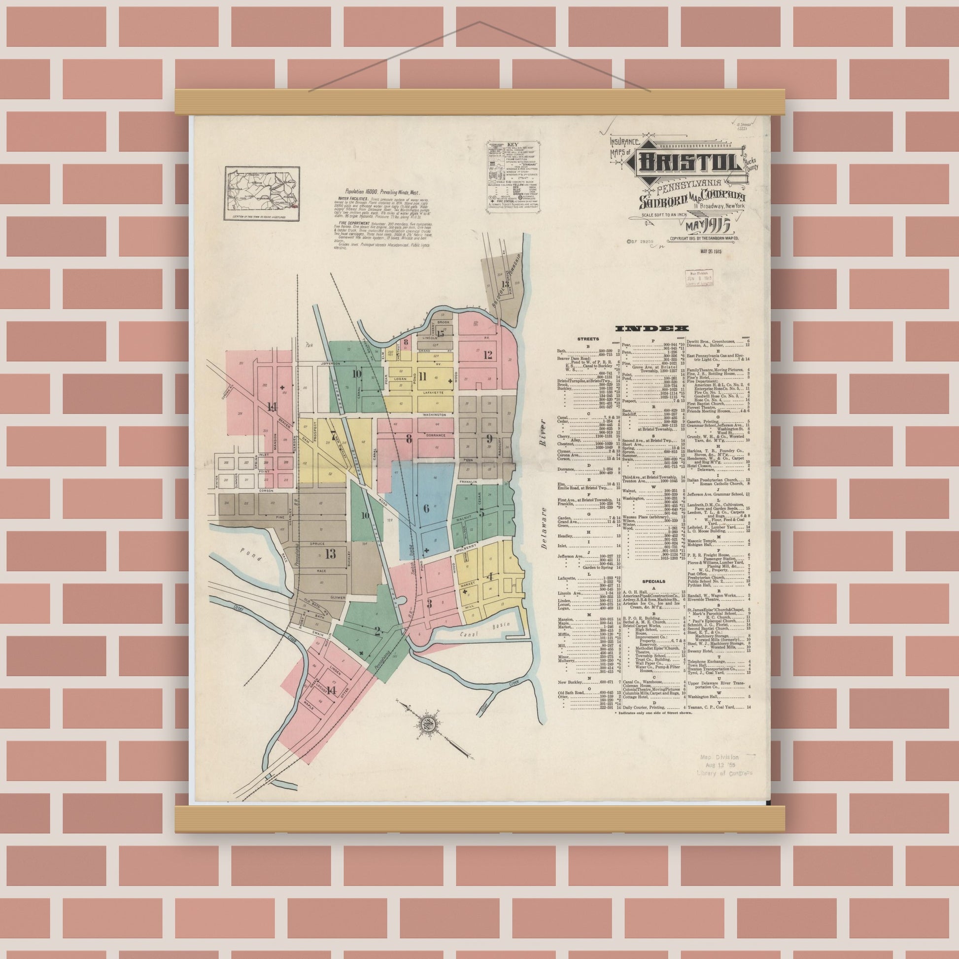 Old map wall art mockup — magnetic wood frame on brick wall — Sanborn Fire Insurance Map from Bristol, Bucks County, Pennsylvania (1915), Sheet #0001