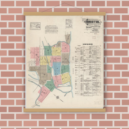 Old map wall art mockup — magnetic wood frame on brick wall — Sanborn Fire Insurance Map from Bristol, Bucks County, Pennsylvania (1915), Sheet #0001