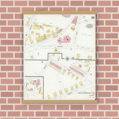 Old map wall art mockup — magnetic wood frame on brick wall — Sanborn Fire Insurance Map from Clinton, Worcester County, Massachusetts (1904), Sheet #0018