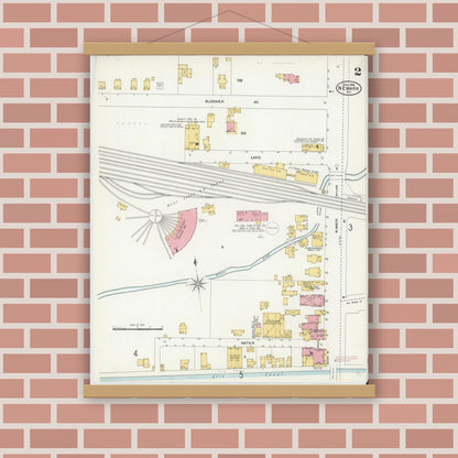 Old map wall art mockup — magnetic wood frame on brick wall — Sanborn Fire Insurance Map from Newark, Wayne County, New York (1906), Sheet #0002