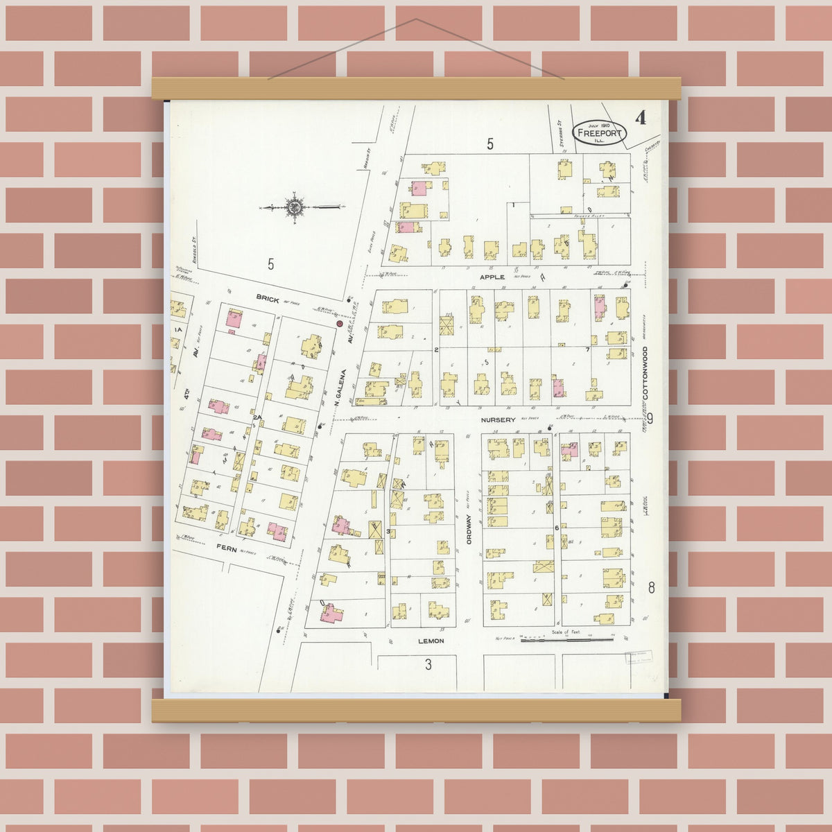 Old map wall art mockup — magnetic wood frame on brick wall — Sanborn Fire Insurance Map from Freeport, Stephenson County, Illinois (1910), Sheet #0004