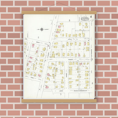 Old map wall art mockup — magnetic wood frame on brick wall — Sanborn Fire Insurance Map from Freeport, Stephenson County, Illinois (1910), Sheet #0004