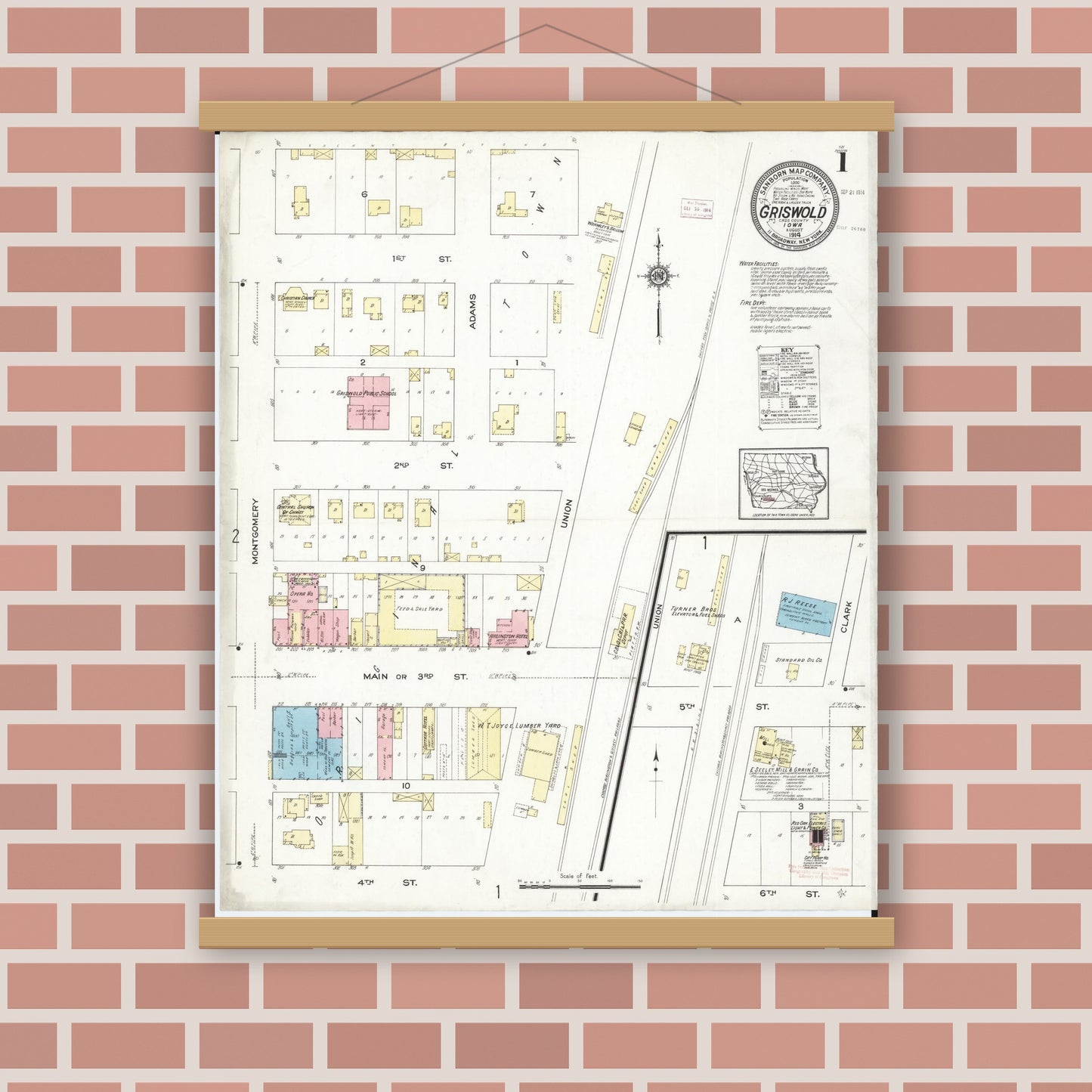 Old map wall art mockup — magnetic wood frame on brick wall — Sanborn Fire Insurance Map from Griswold, Cass County, Iowa (1914), Sheet #0001