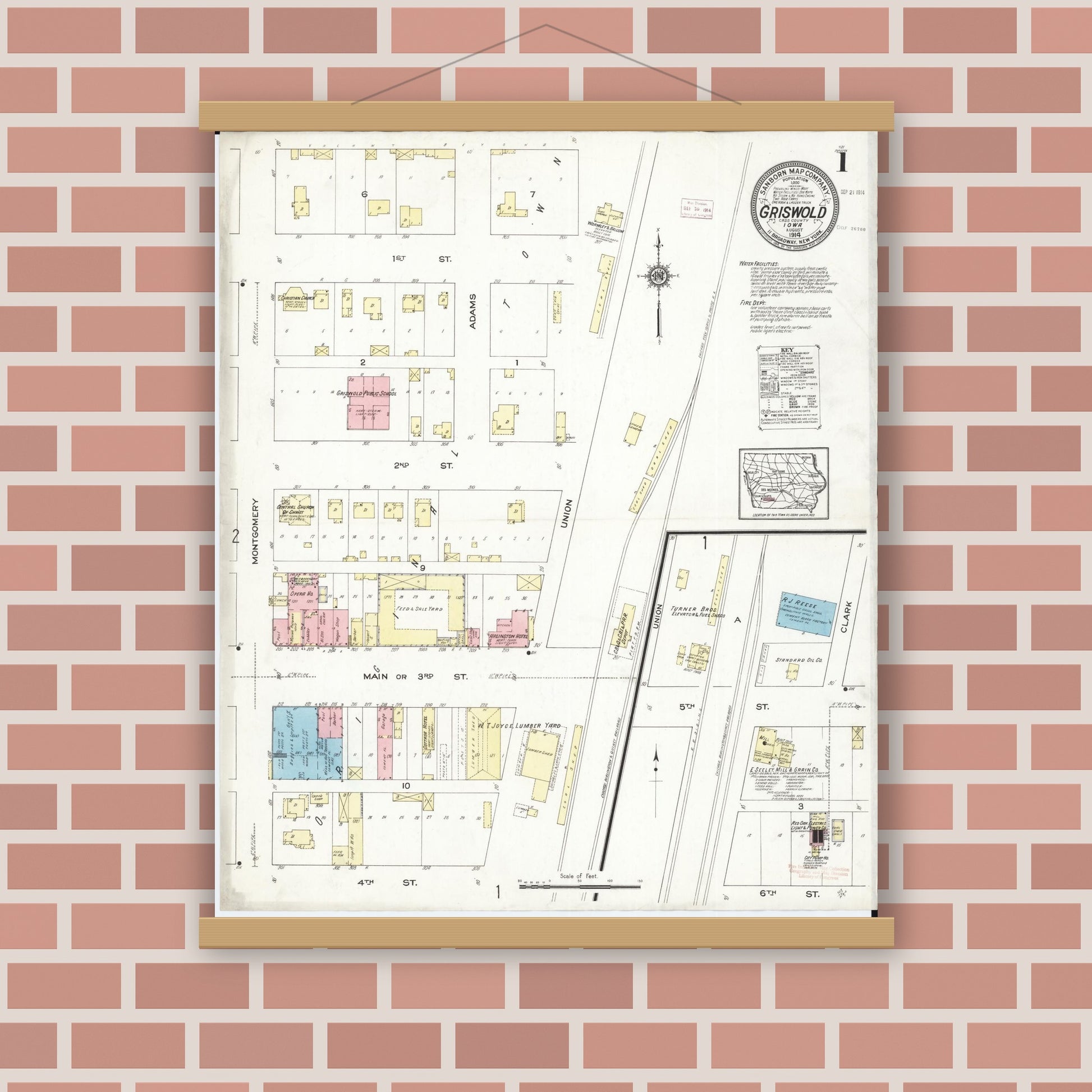 Old map wall art mockup — magnetic wood frame on brick wall — Sanborn Fire Insurance Map from Griswold, Cass County, Iowa (1914), Sheet #0001