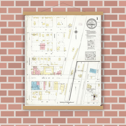 Old map wall art mockup — magnetic wood frame on brick wall — Sanborn Fire Insurance Map from Griswold, Cass County, Iowa (1914), Sheet #0001