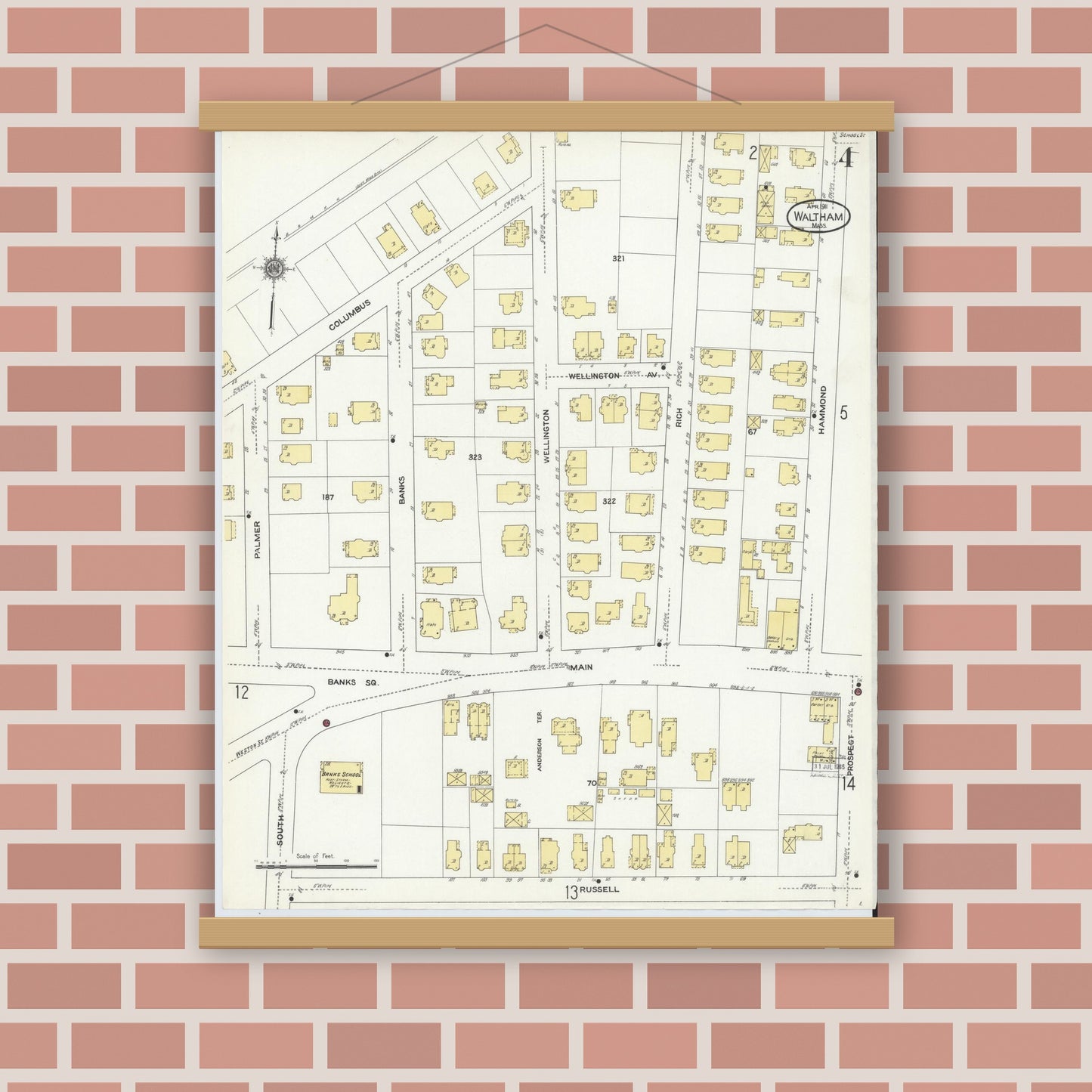 Old map wall art mockup — magnetic wood frame on brick wall — Sanborn Fire Insurance Map from Waltham, Middlesex County, Massachusetts (1911), Sheet #0004