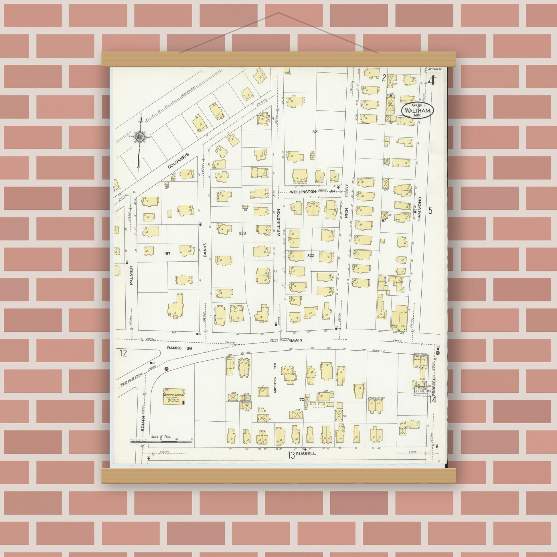 Old map wall art mockup — magnetic wood frame on brick wall — Sanborn Fire Insurance Map from Waltham, Middlesex County, Massachusetts (1911), Sheet #0004