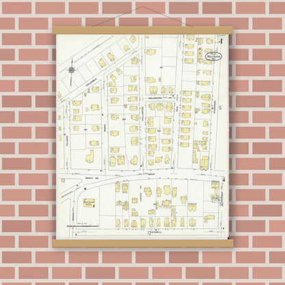 Old map wall art mockup — magnetic wood frame on brick wall — Sanborn Fire Insurance Map from Waltham, Middlesex County, Massachusetts (1911), Sheet #0004