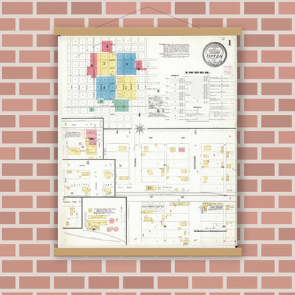 Old map wall art mockup — magnetic wood frame on brick wall — Sanborn Fire Insurance Map from Tipton, Cedar County, Iowa (1906) â€” Complete Set
