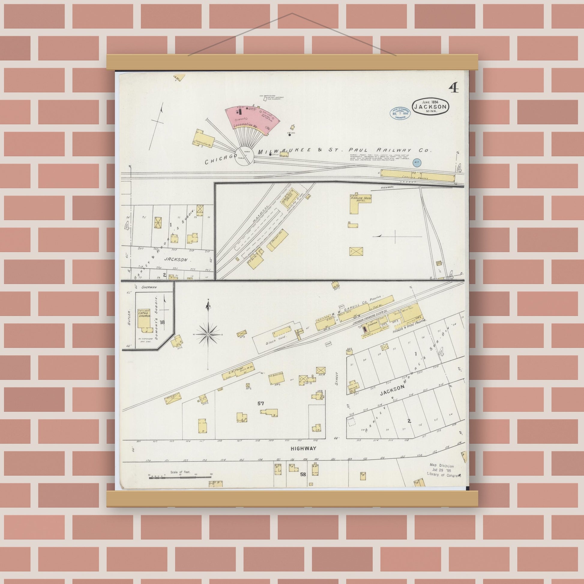 Old map wall art mockup — magnetic wood frame on brick wall — Sanborn Fire Insurance Map from Jackson, Jackson County, Minnesota (1894), Sheet #0004