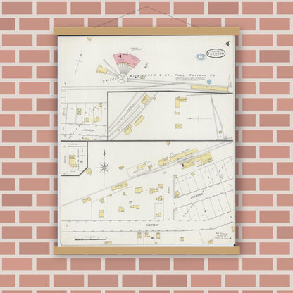 Old map wall art mockup — magnetic wood frame on brick wall — Sanborn Fire Insurance Map from Jackson, Jackson County, Minnesota (1894), Sheet #0004