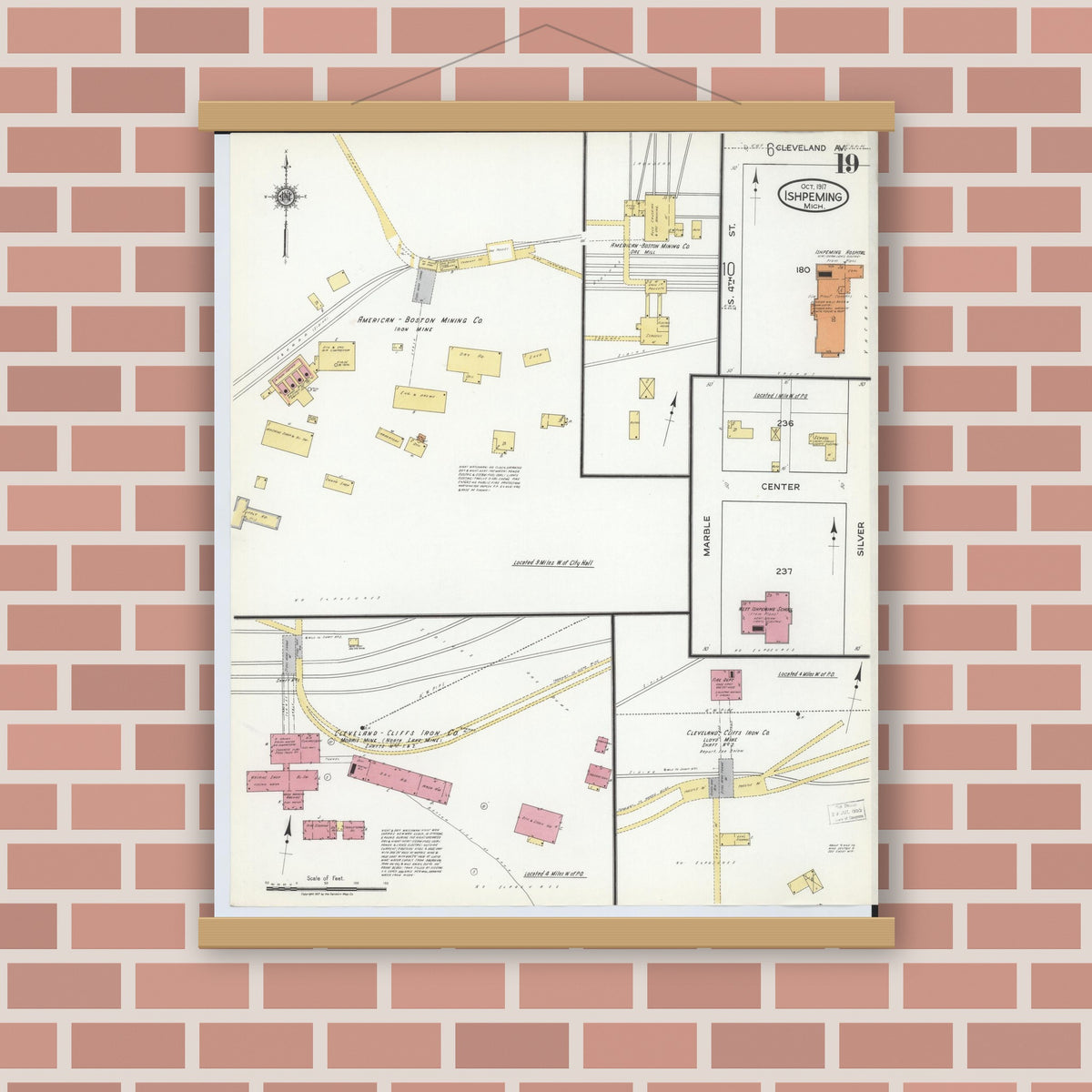 Old map wall art mockup — magnetic wood frame on brick wall — Sanborn Fire Insurance Map from Ishpeming, Marquette County, Michigan (1917), Sheet #0019