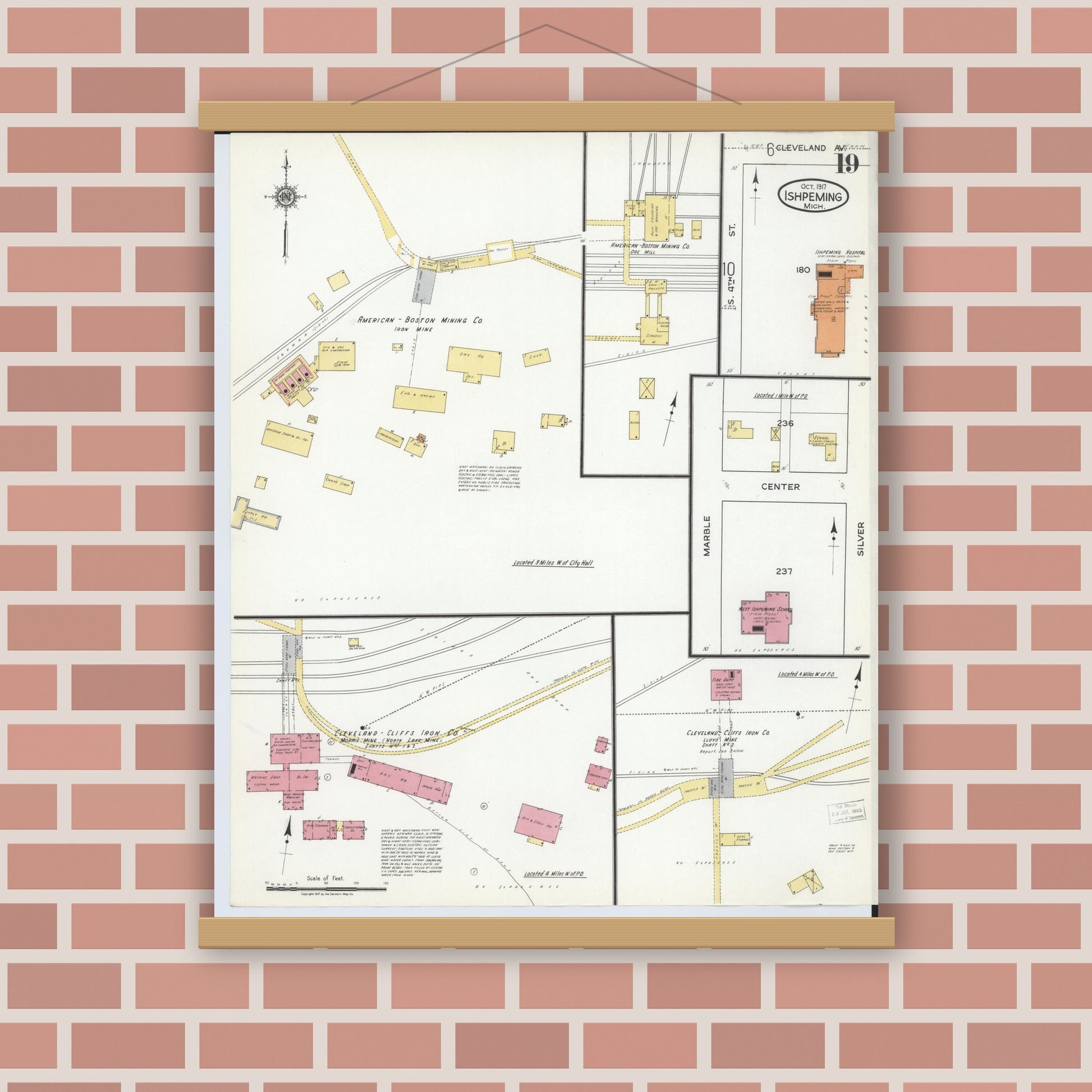 Old map wall art mockup — magnetic wood frame on brick wall — Sanborn Fire Insurance Map from Ishpeming, Marquette County, Michigan (1917), Sheet #0019
