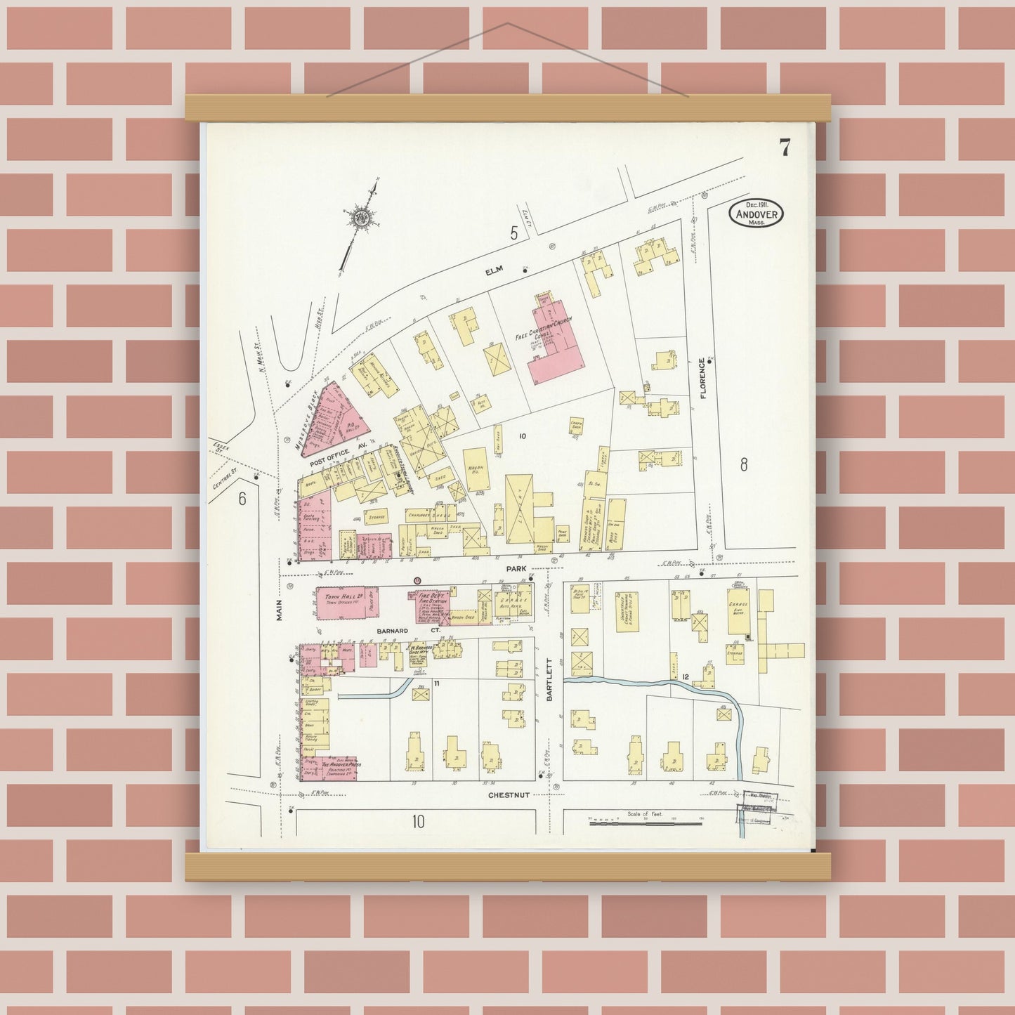Old map wall art mockup — magnetic wood frame on brick wall — Sanborn Fire Insurance Map from Andover, Essex County, Massachusetts (1911), Sheet #0007