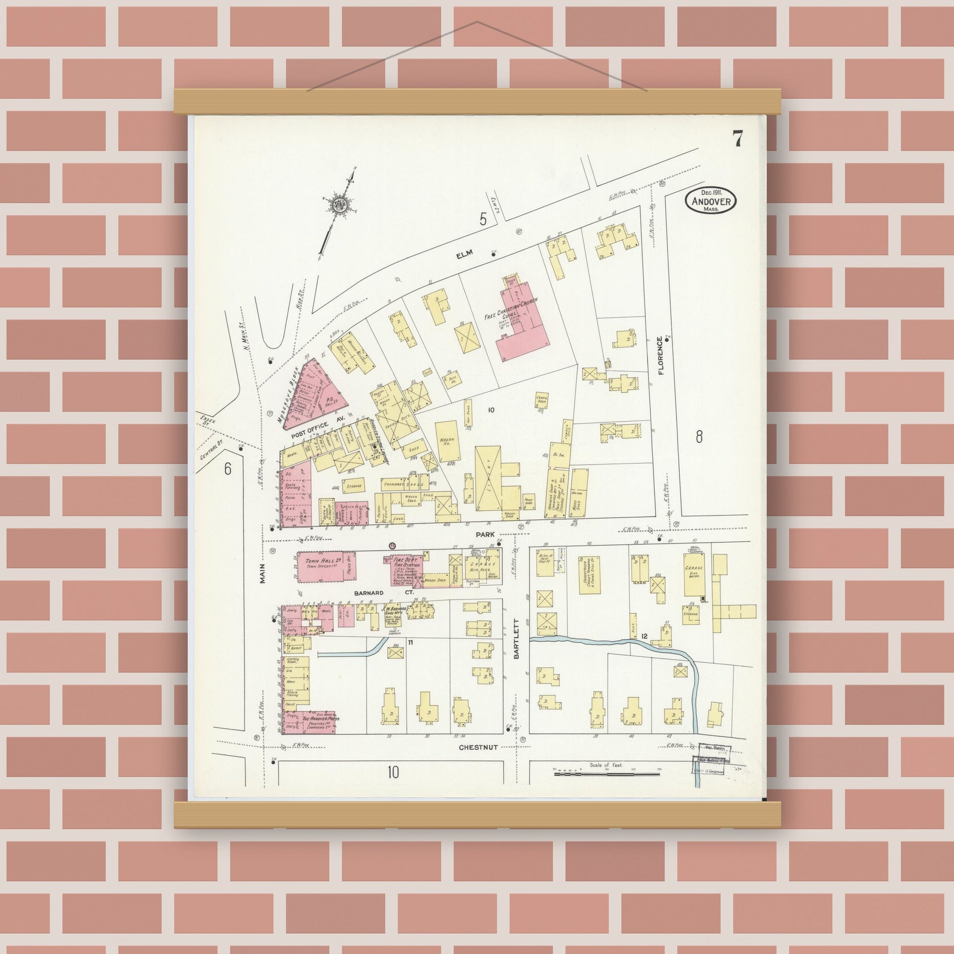Old map wall art mockup — magnetic wood frame on brick wall — Sanborn Fire Insurance Map from Andover, Essex County, Massachusetts (1911), Sheet #0007