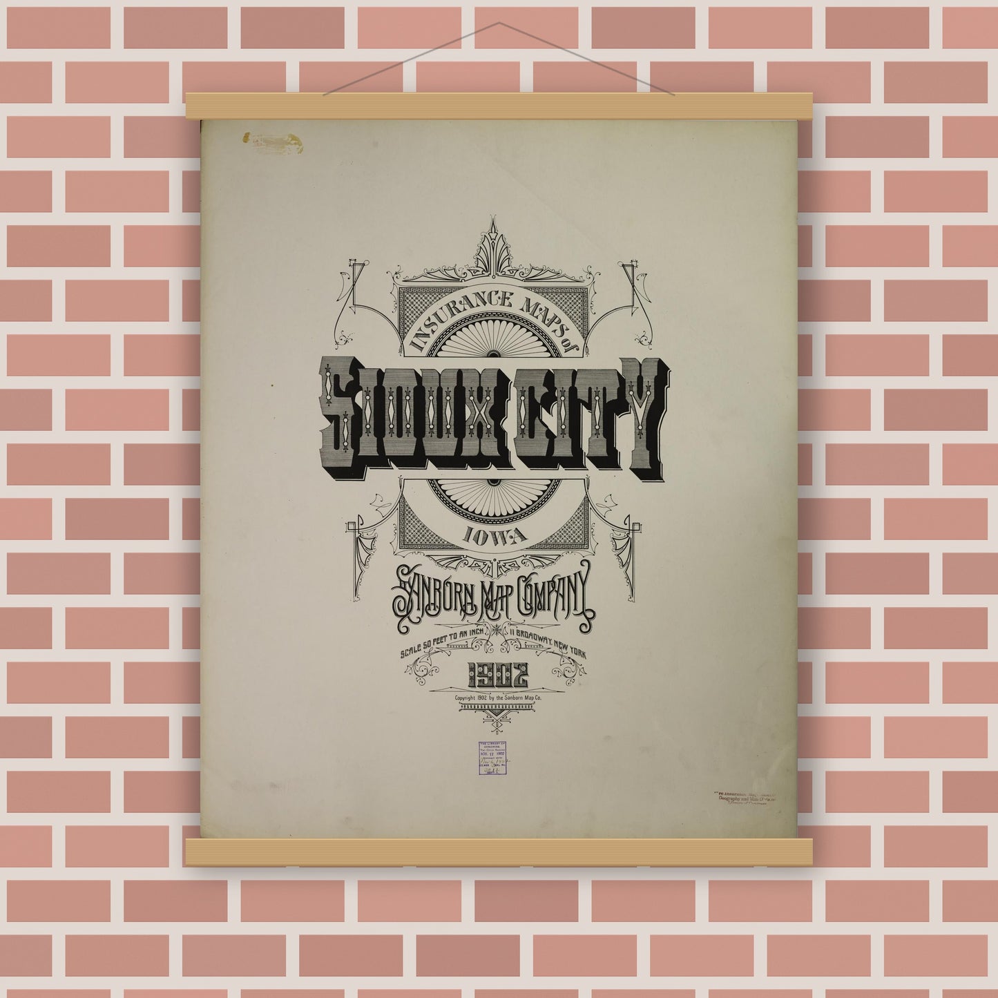 Old map wall art mockup — magnetic wood frame on brick wall — Sanborn Fire Insurance Map from Sioux City, Woodbury County, Iowa (1902), Sheet #0001