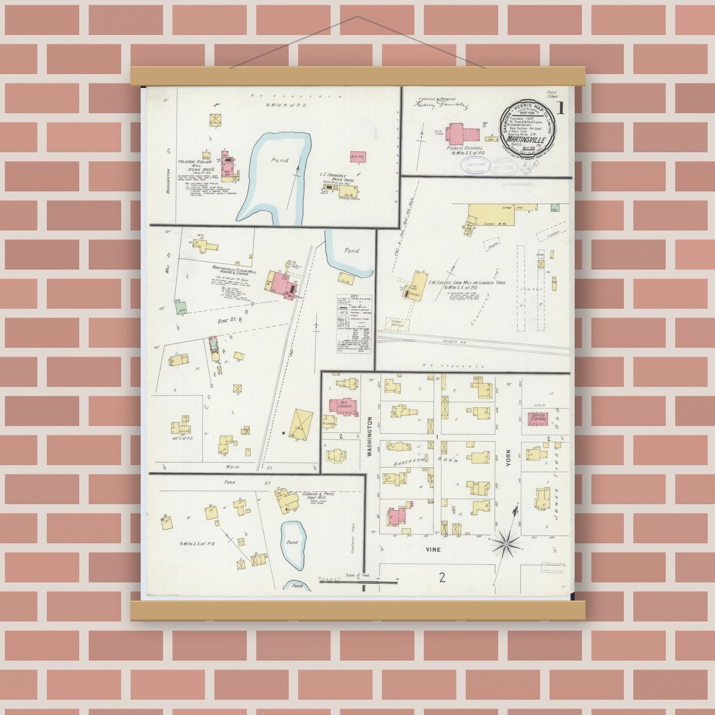 Old map wall art mockup — magnetic wood frame on brick wall — Sanborn Fire Insurance Map from Martinsville, Clark County, Illinois (1898), Sheet #0001