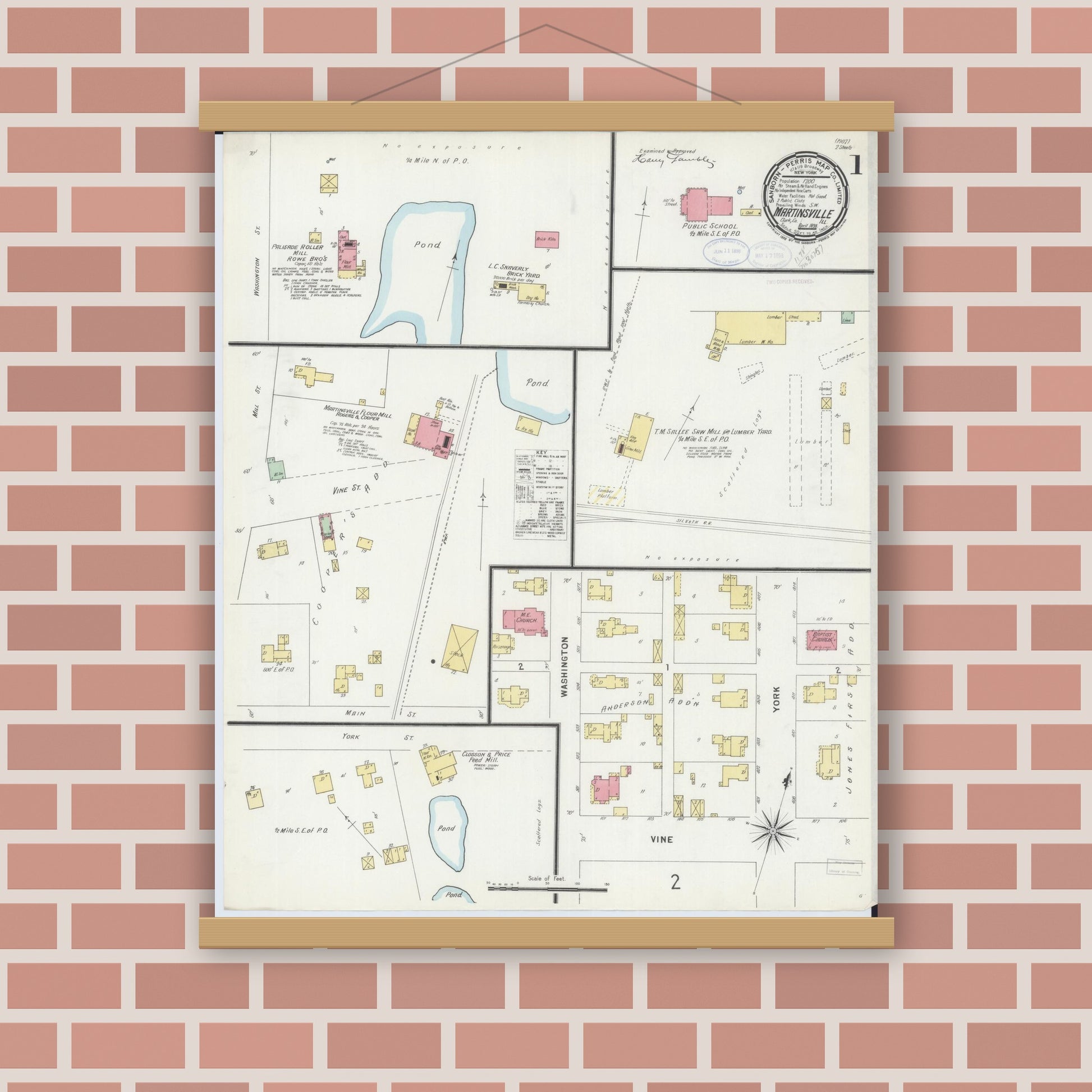 Old map wall art mockup — magnetic wood frame on brick wall — Sanborn Fire Insurance Map from Martinsville, Clark County, Illinois (1898), Sheet #0001
