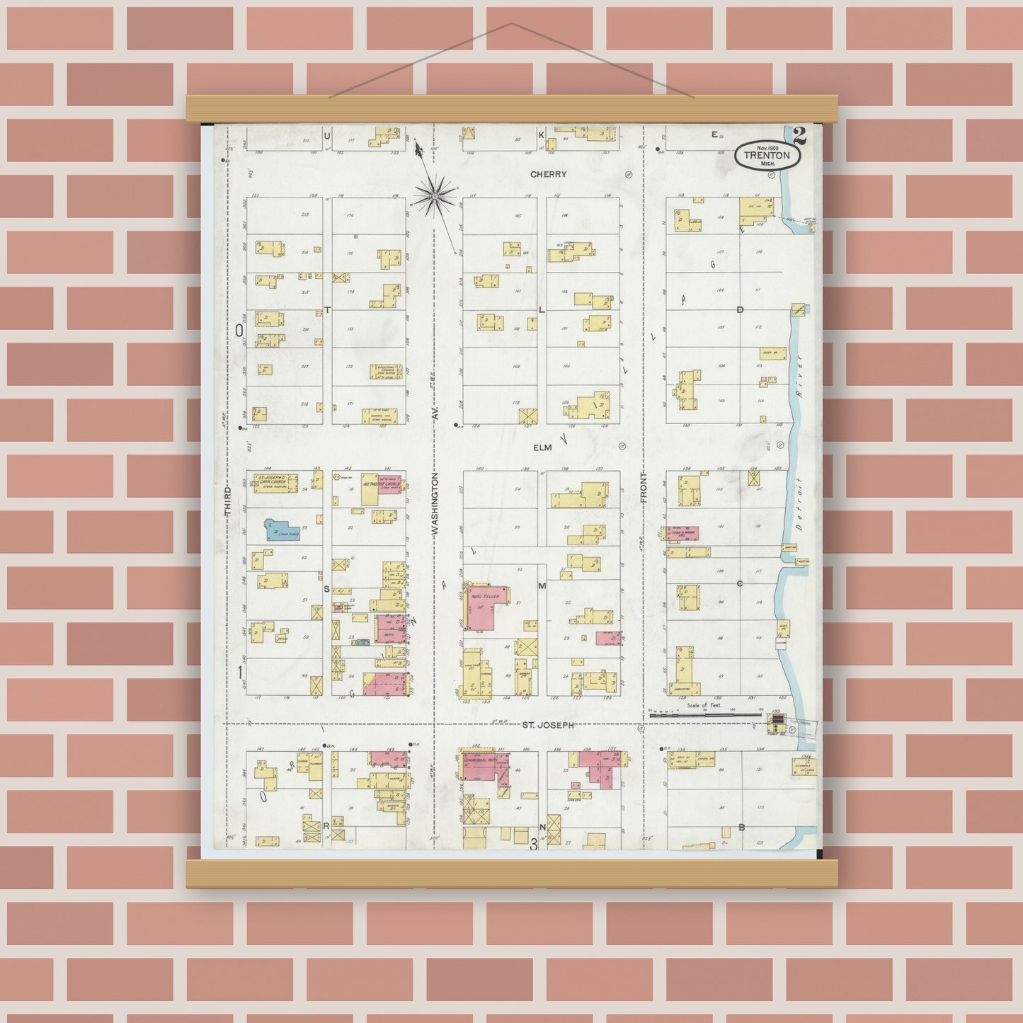 Old map wall art mockup — magnetic wood frame on brick wall — Sanborn Fire Insurance Map from Trenton, Wayne County, Michigan (1900), Sheet #0002