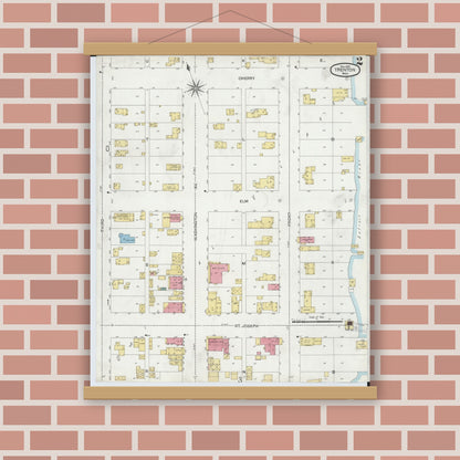 Old map wall art mockup — magnetic wood frame on brick wall — Sanborn Fire Insurance Map from Trenton, Wayne County, Michigan (1900), Sheet #0002