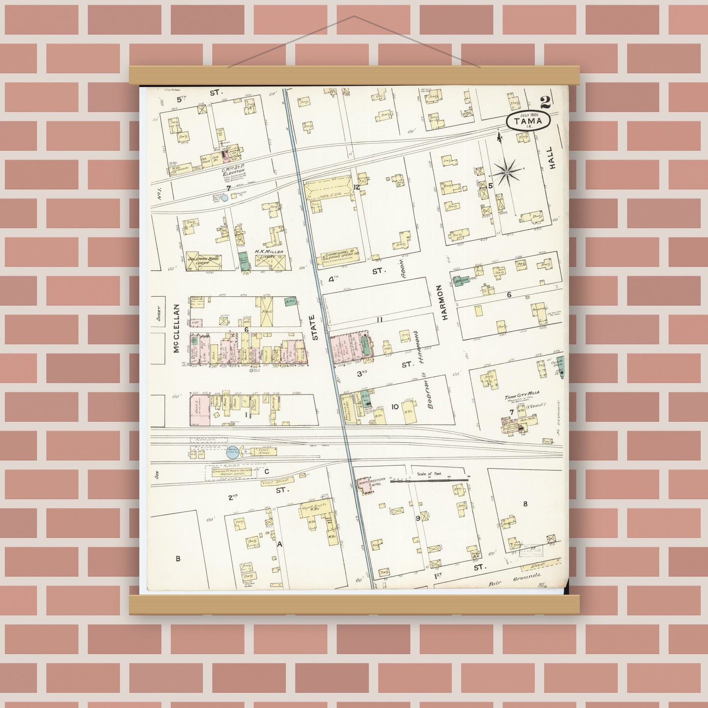 Old map wall art mockup — magnetic wood frame on brick wall — Sanborn Fire Insurance Map from Tama, Tama County, Iowa (1888), Sheet #0002