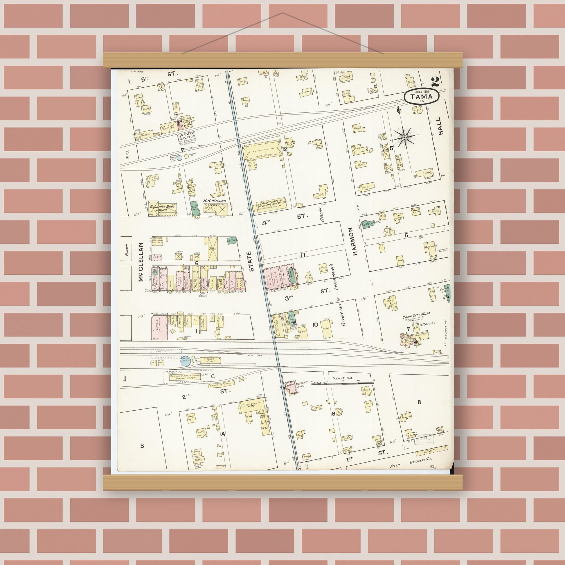 Old map wall art mockup — magnetic wood frame on brick wall — Sanborn Fire Insurance Map from Tama, Tama County, Iowa (1888), Sheet #0002
