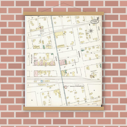 Old map wall art mockup — magnetic wood frame on brick wall — Sanborn Fire Insurance Map from Tama, Tama County, Iowa (1888), Sheet #0002