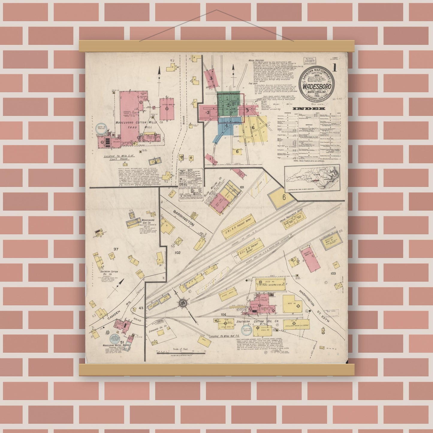 Old map wall art mockup — magnetic wood frame on brick wall — Sanborn Fire Insurance Map from Wadesboro, Anson County, North Carolina (1922) - Complete Map Set