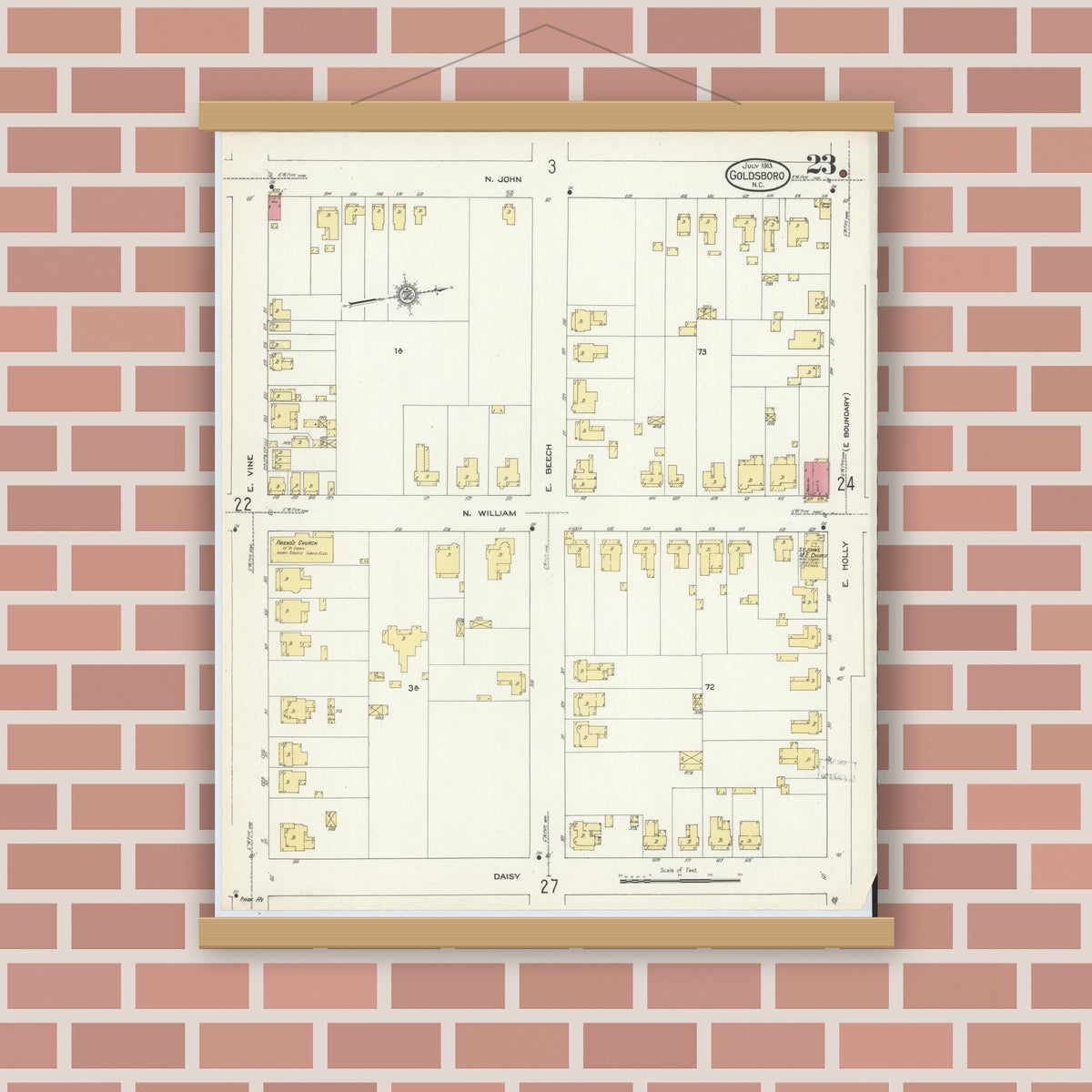 Old map wall art mockup — magnetic wood frame on brick wall — Sanborn Fire Insurance Map from Goldsboro, Wayne County, North Carolina (1913), Sheet #0023