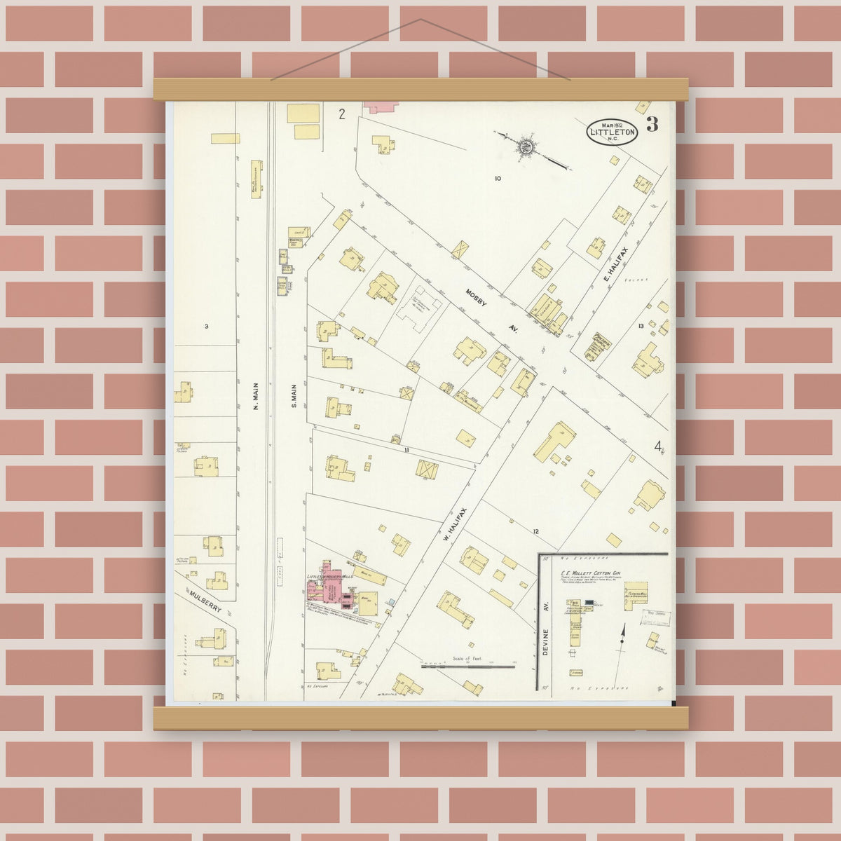 Old map wall art mockup — magnetic wood frame on brick wall — Sanborn Fire Insurance Map from Littleton, Halifax And Warren County, North Carolina (1912), Sheet #0003
