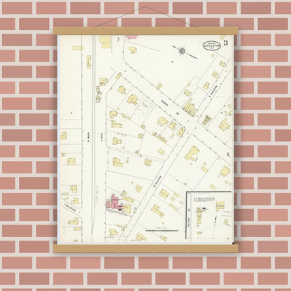 Old map wall art mockup — magnetic wood frame on brick wall — Sanborn Fire Insurance Map from Littleton, Halifax And Warren County, North Carolina (1912), Sheet #0003