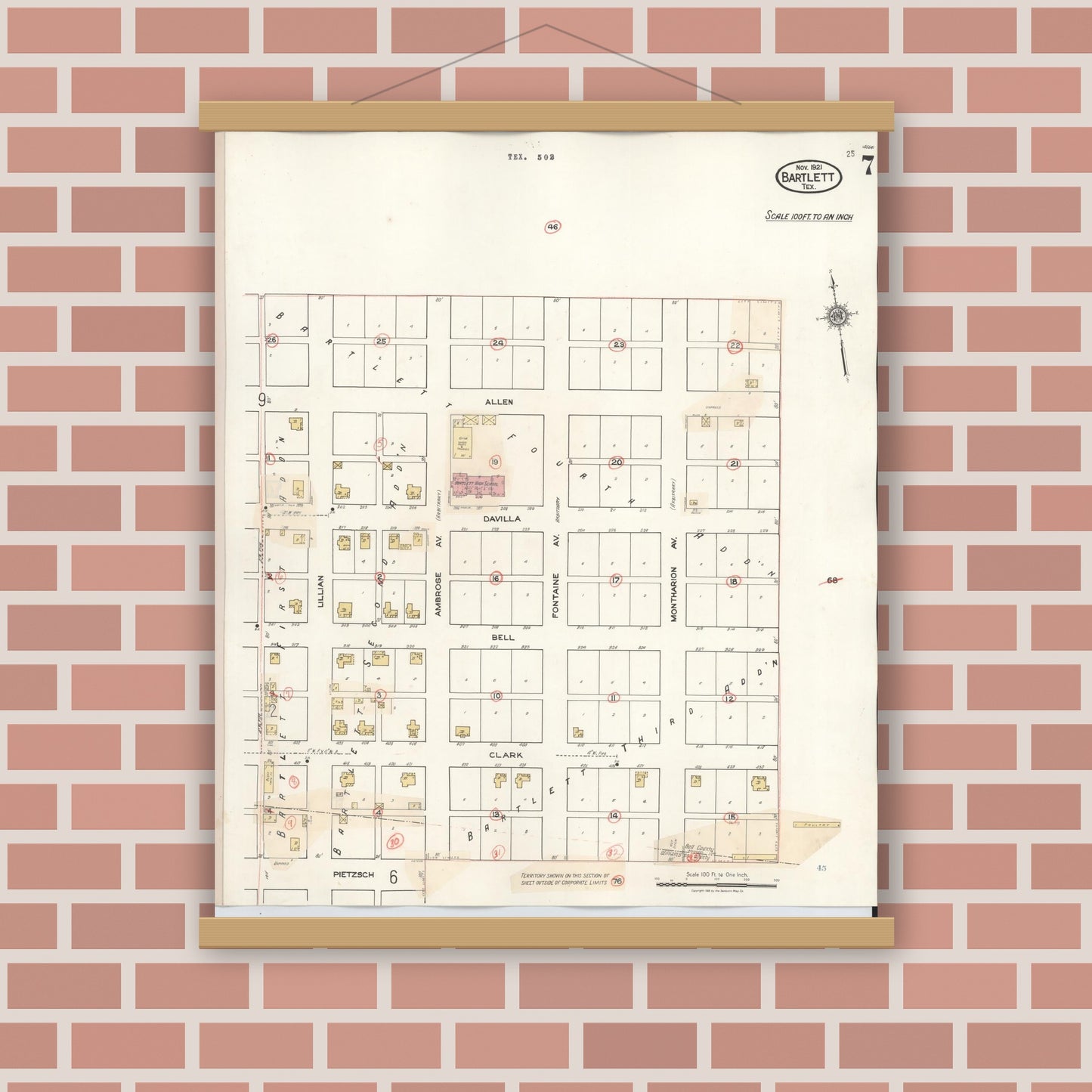 Old map wall art mockup — magnetic wood frame on brick wall — Sanborn Fire Insurance Map from Bartlett, Bell and Williamson Counties, Texas (1940), Sheet #0007