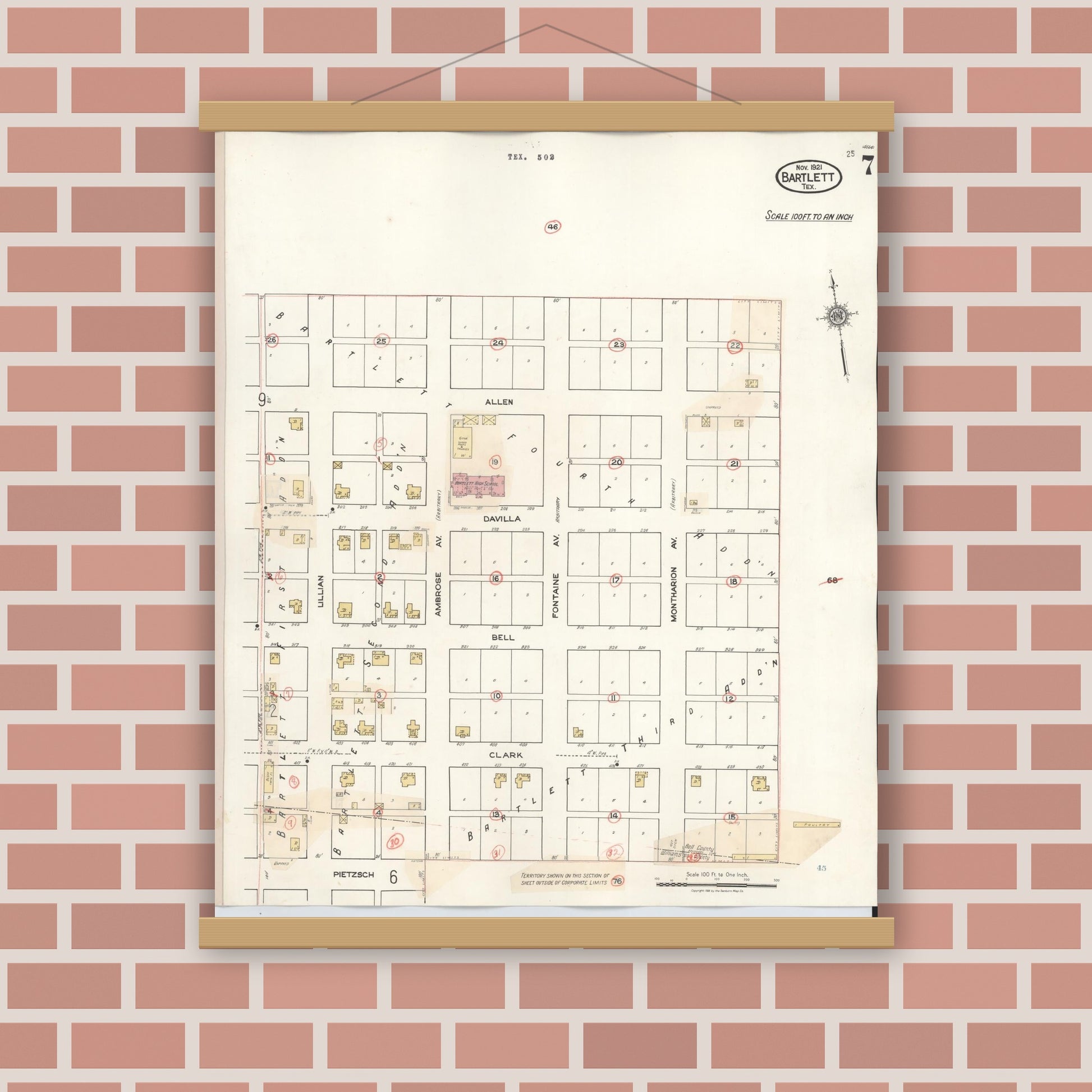 Old map wall art mockup — magnetic wood frame on brick wall — Sanborn Fire Insurance Map from Bartlett, Bell and Williamson Counties, Texas (1940), Sheet #0007