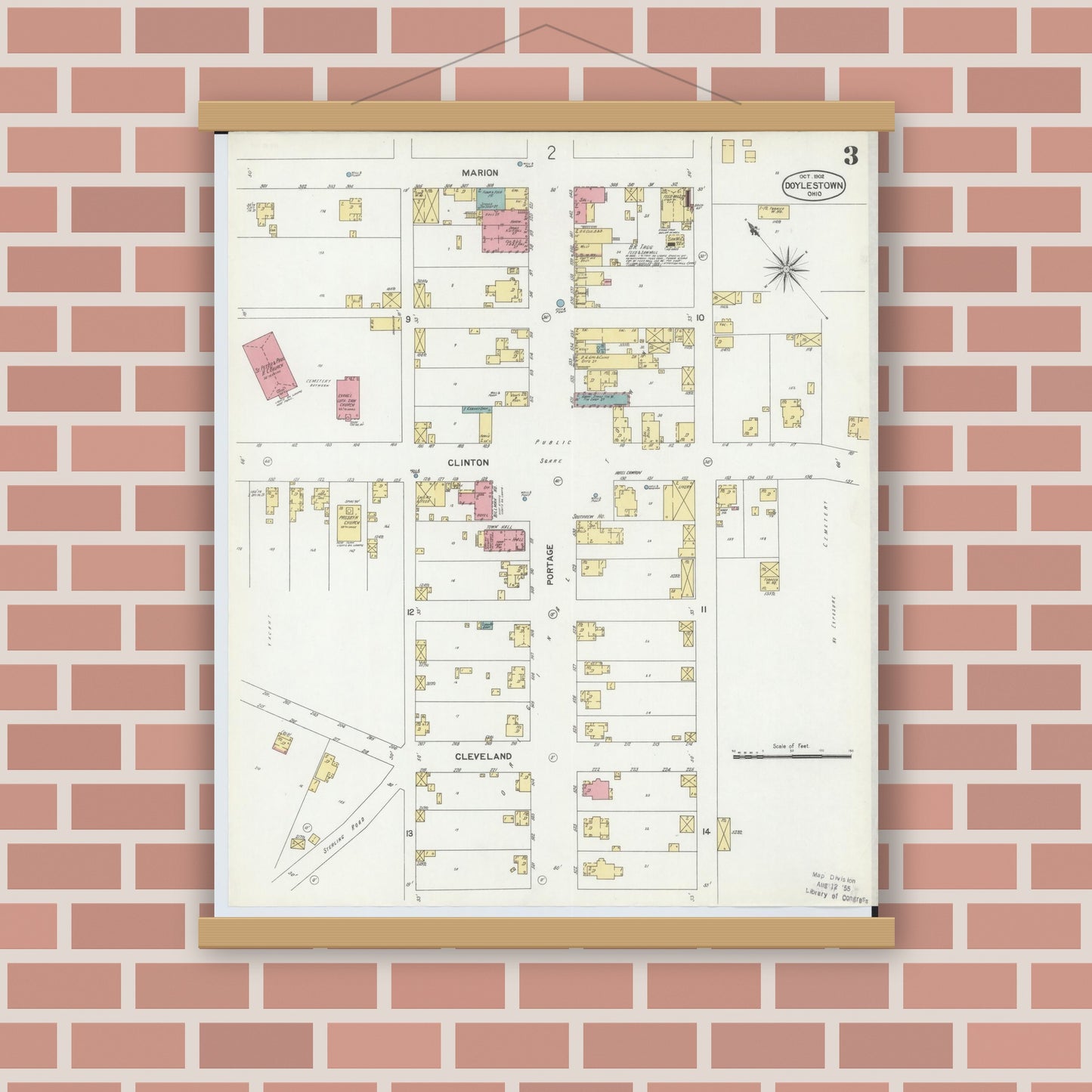 Old map wall art mockup — magnetic wood frame on brick wall — Sanborn Fire Insurance Map from Doylestown, Wayne County, Ohio (1902), Sheet #0003