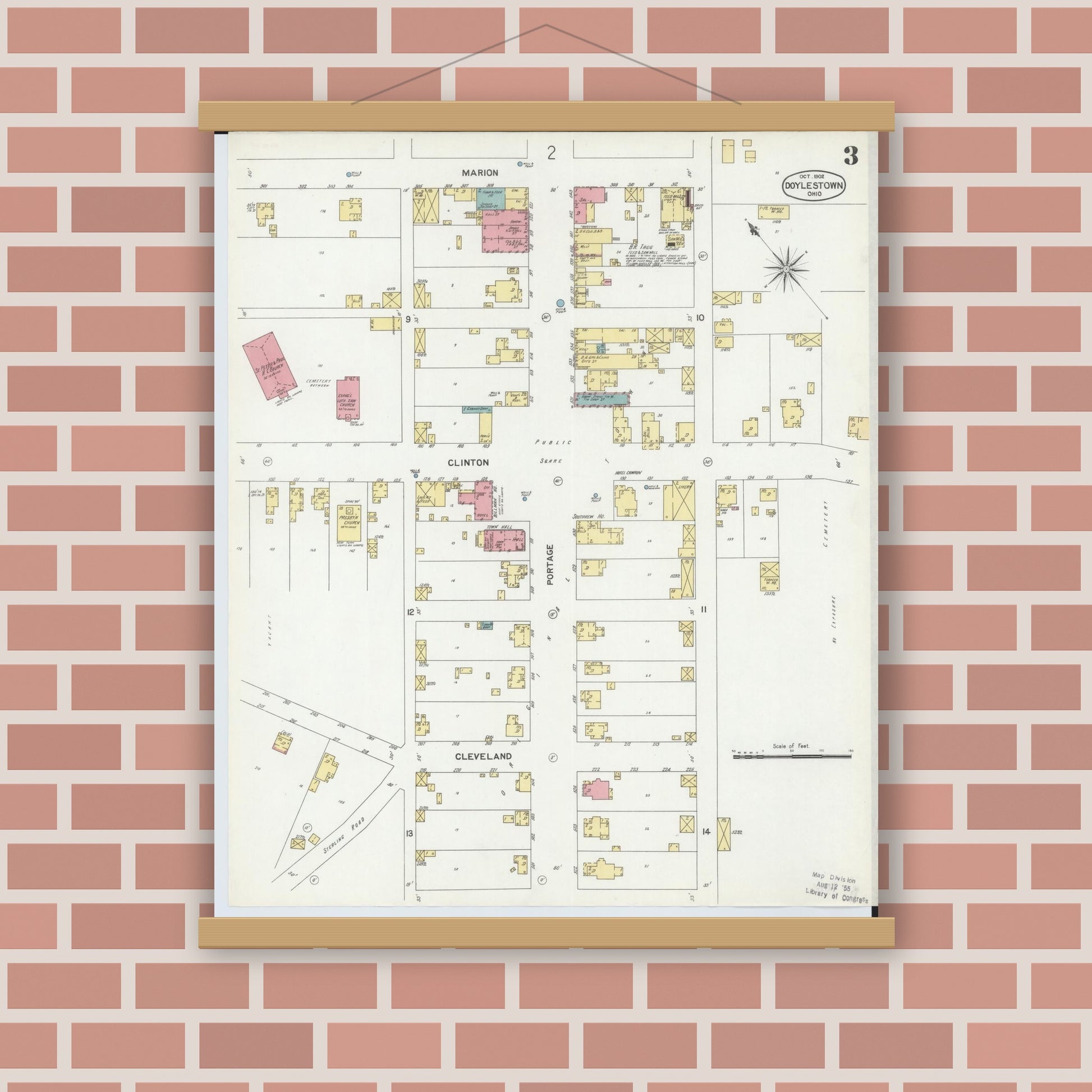 Old map wall art mockup — magnetic wood frame on brick wall — Sanborn Fire Insurance Map from Doylestown, Wayne County, Ohio (1902), Sheet #0003