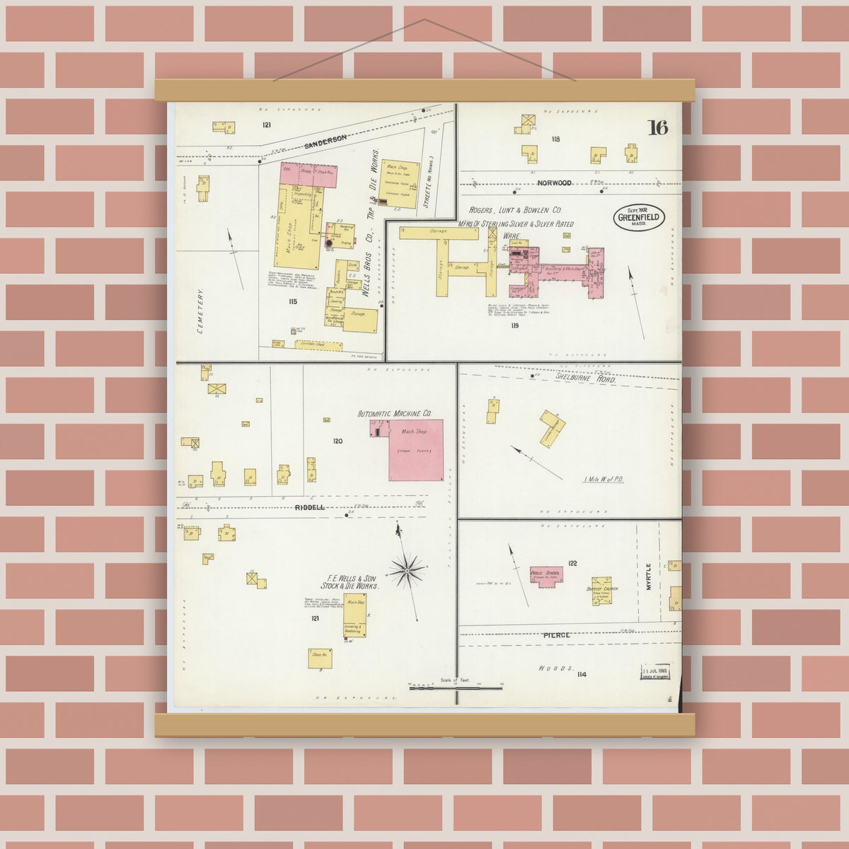 Old map wall art mockup — magnetic wood frame on brick wall — Sanborn Fire Insurance Map from Greenfield, Franklin County, Massachusetts (1902), Sheet #0015