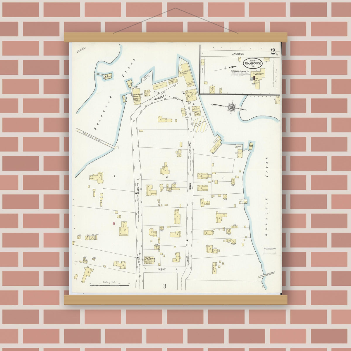 Old map wall art mockup — magnetic wood frame on brick wall — Sanborn Fire Insurance Map from Onancock, Accomack County, Virginia (1912), Sheet #0002