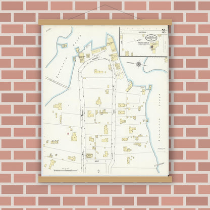 Old map wall art mockup — magnetic wood frame on brick wall — Sanborn Fire Insurance Map from Onancock, Accomack County, Virginia (1912), Sheet #0002