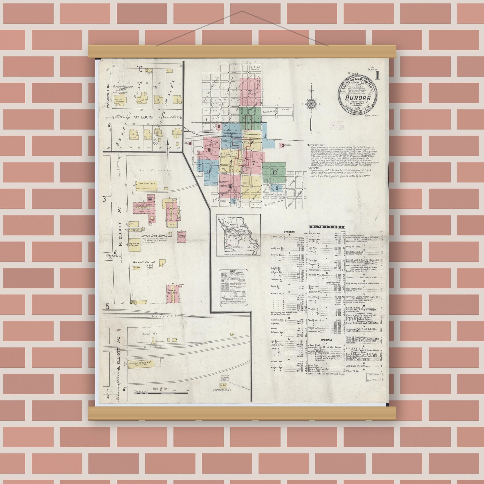 Old map wall art mockup — magnetic wood frame on brick wall — Sanborn Fire Insurance Map from Aurora, Lawrence County, Missouri (1914) - Complete Map Set