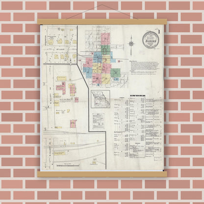 Old map wall art mockup — magnetic wood frame on brick wall — Sanborn Fire Insurance Map from Aurora, Lawrence County, Missouri (1914) - Complete Map Set