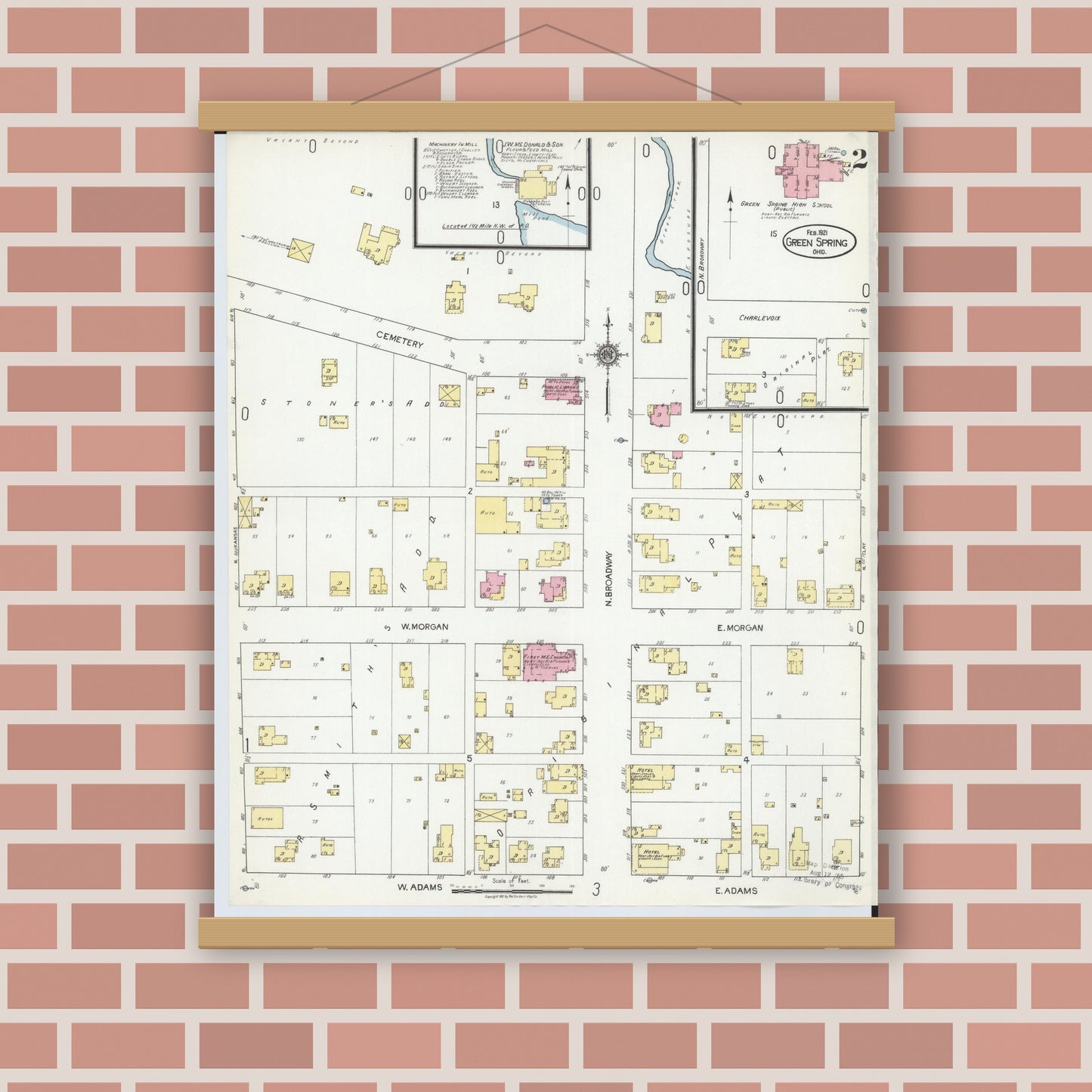 Old map wall art mockup — magnetic wood frame on brick wall — Sanborn Fire Insurance Map from Green Springs, Sandusky And Seneca Counties, Ohio (1921), Sheet #0002