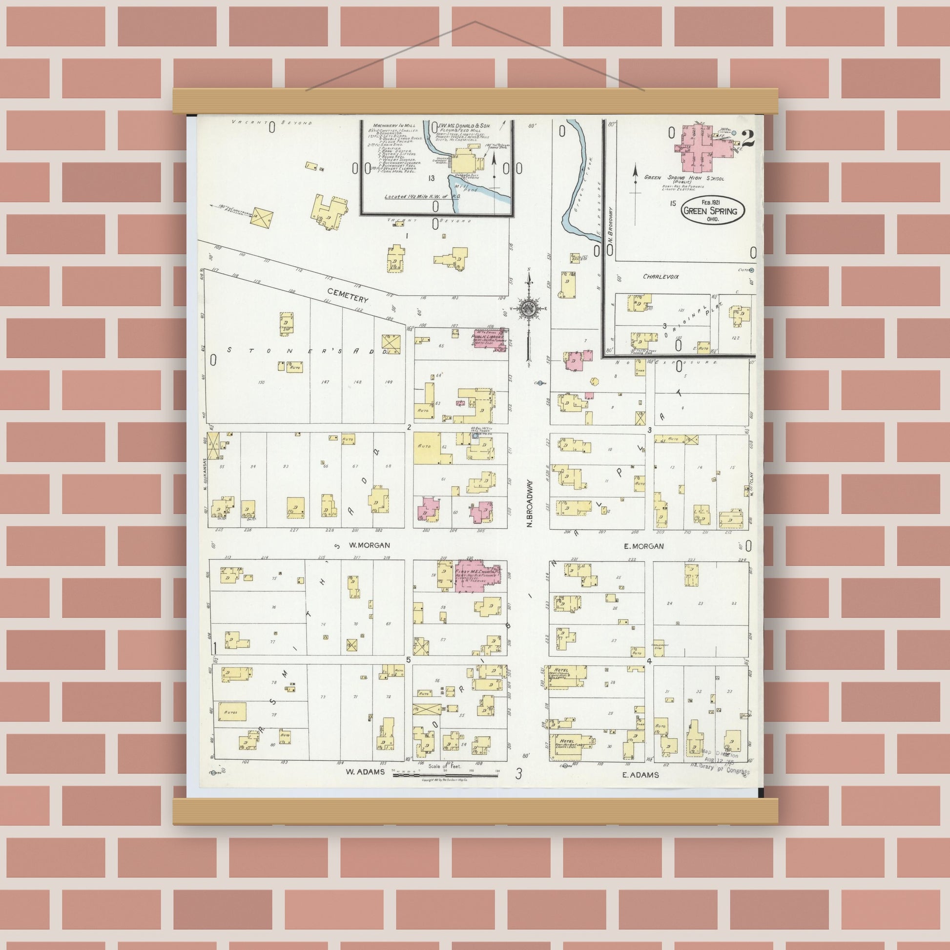 Old map wall art mockup — magnetic wood frame on brick wall — Sanborn Fire Insurance Map from Green Springs, Sandusky And Seneca Counties, Ohio (1921), Sheet #0002