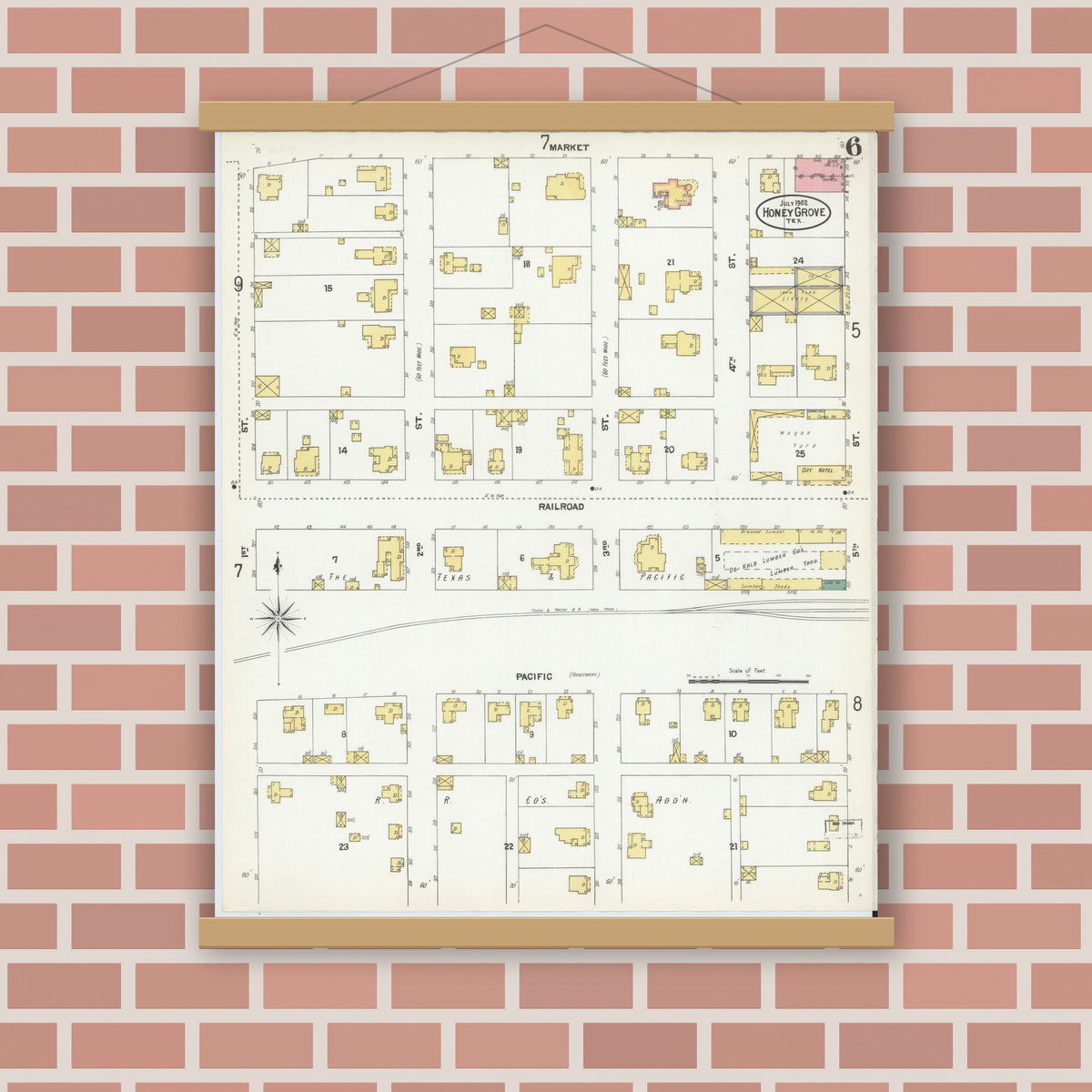 Old map wall art mockup — magnetic wood frame on brick wall — Sanborn Fire Insurance Map from Honey Grove, Fannin County, Texas (1902), Sheet #0006