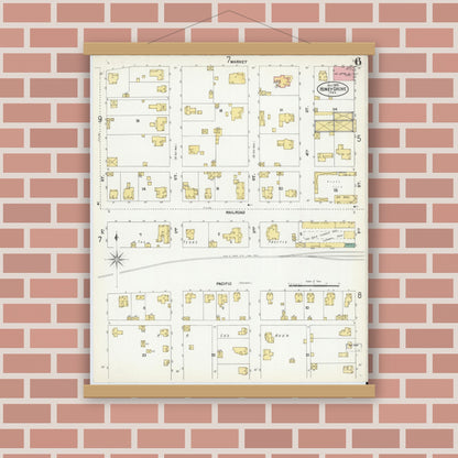 Old map wall art mockup — magnetic wood frame on brick wall — Sanborn Fire Insurance Map from Honey Grove, Fannin County, Texas (1902), Sheet #0006