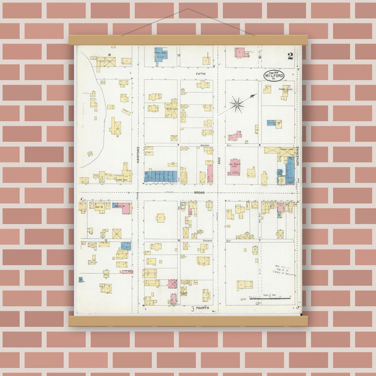 Old map wall art mockup — magnetic wood frame on brick wall — Sanborn Fire Insurance Map from Milford, Pike County, Pennsylvania (1905), Sheet #0002