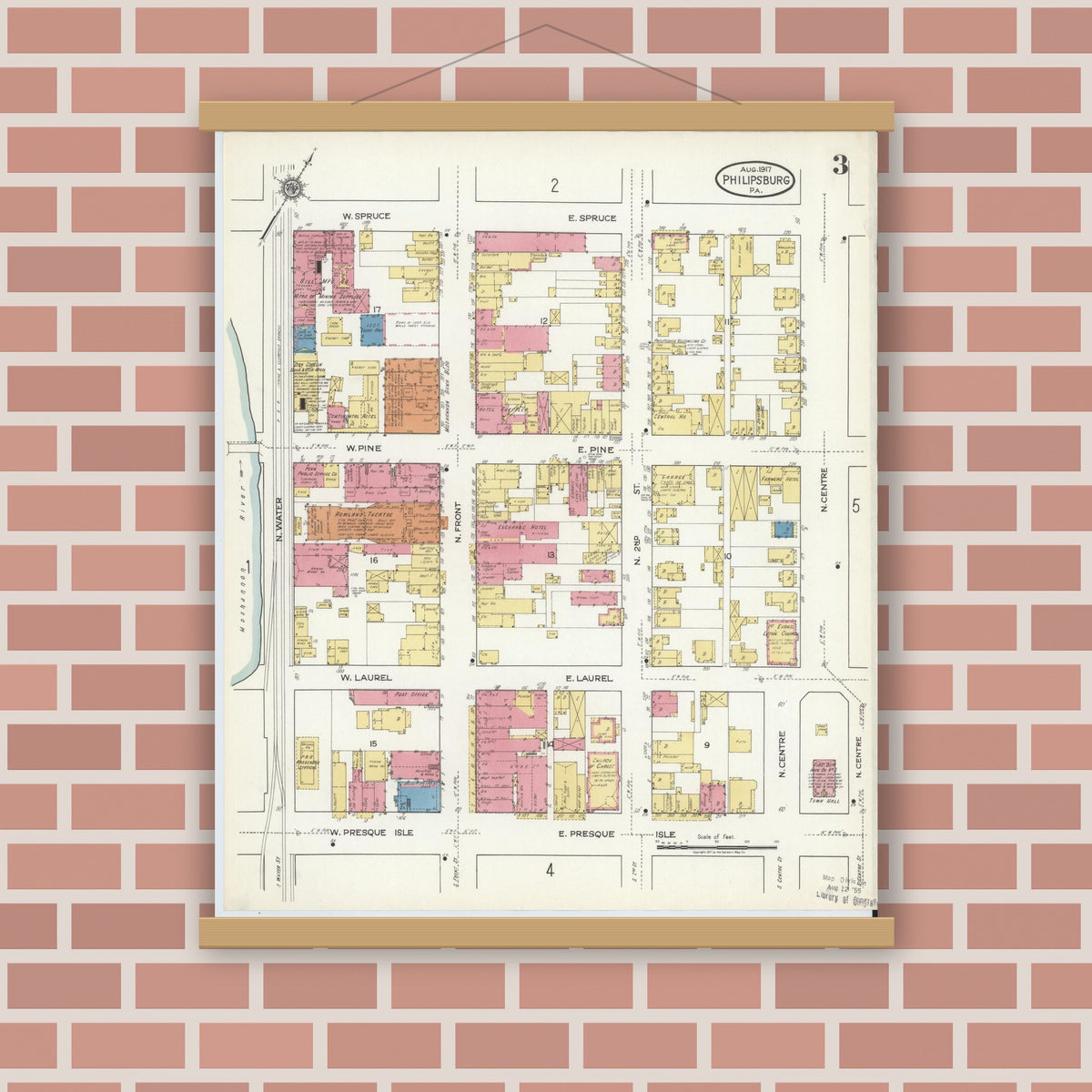Old map wall art mockup — magnetic wood frame on brick wall — Sanborn Fire Insurance Map from Philipsburg, Centre County, Pennsylvania (1917), Sheet #0003
