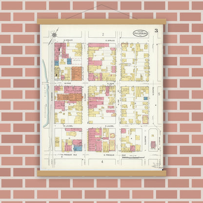 Old map wall art mockup — magnetic wood frame on brick wall — Sanborn Fire Insurance Map from Philipsburg, Centre County, Pennsylvania (1917), Sheet #0003