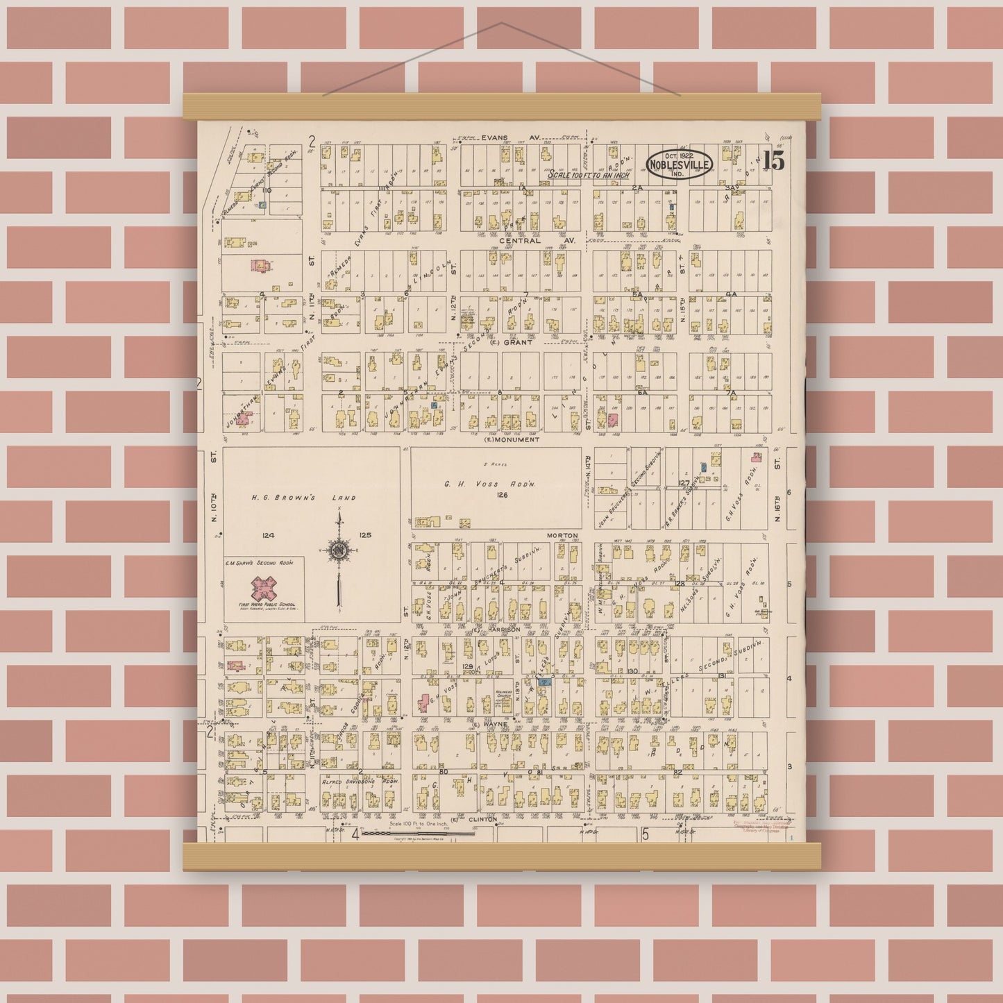 Old map wall art mockup — magnetic wood frame on brick wall — Sanborn Fire Insurance Map from Noblesville, Hamilton County, Indiana (1922), Sheet #0015